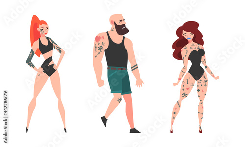 Tattooed or Inked Man and Woman in Standing Pose Vector Set