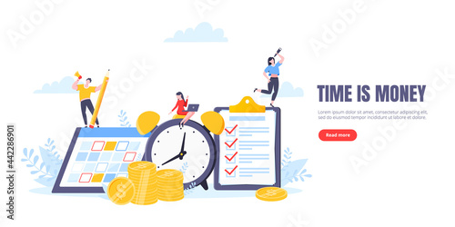 Time is money or saving money business concept. Tiny people working with clock, calendar schedule and checklist symbol. Time management flat style vector illustration isolated on white background.