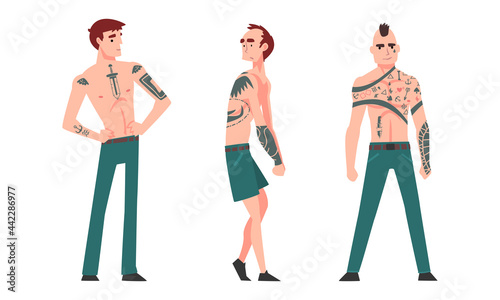 Tattooed or Inked Man in Standing Pose Vector Set