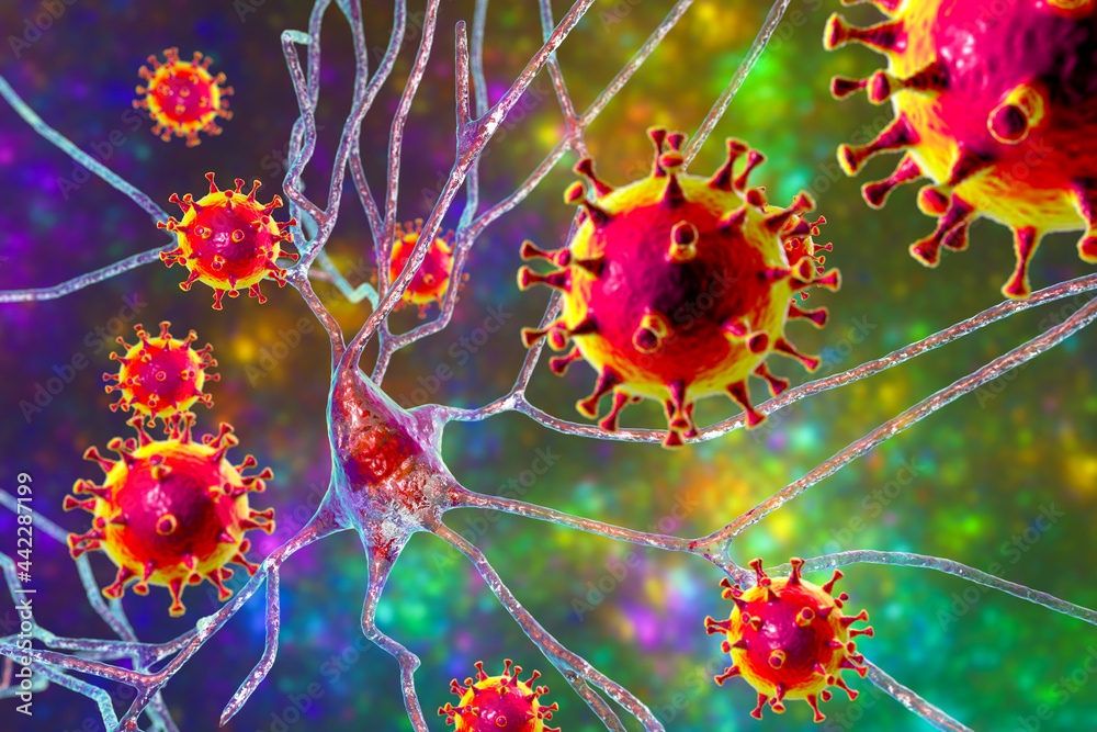 Viruses infecting neurons, concept for brain infection, 3D illustration - obrazy, fototapety, plakaty 