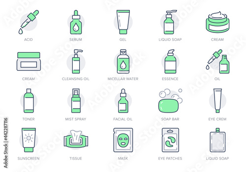 Cleanser cosmetic line icons. Vector illustration include icon - cream, collagen, mask, makeup lotion, serum, sunscreen outline pictogram for skincare product. Green color, Editable Stroke