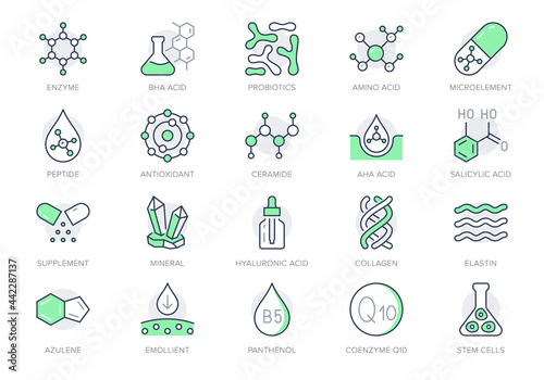Cosmetic compounds line icons. Vector illustration include icon - vitamin, antioxidant, coenzyme q10, collagen outline pictogram for beauty chemical components. Green color, Editable Stroke