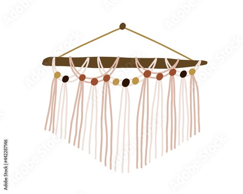 Wall macrame hanging on wooden stick. Trendy woven home decoration in boho st...