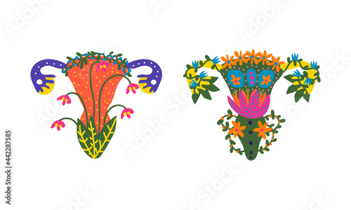 Uterus or Womb Arranged from Flowers and Plants as Healthy Female Reproductive System Organ Vector Set