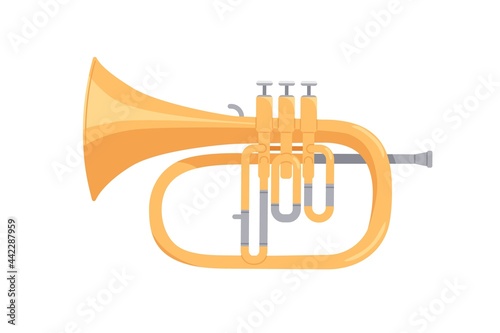 Golden cornet, brass wind music instrument. Classical realistic twisted trumpet. Colored flat cartoon vector illustration isolated on white background