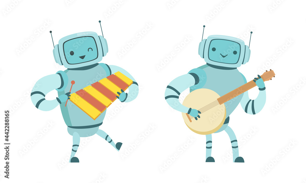 Robot Musician Playing Musical Instrument Performing on Stage Vector Set