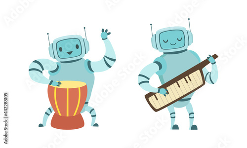 Robot Musician Playing Musical Instrument Performing on Stage Vector Set