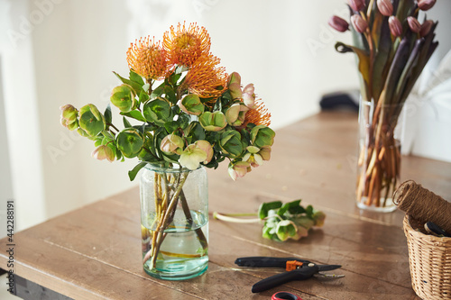 Helleborus and leucospermum blooms with pale purple tulips on the background photo