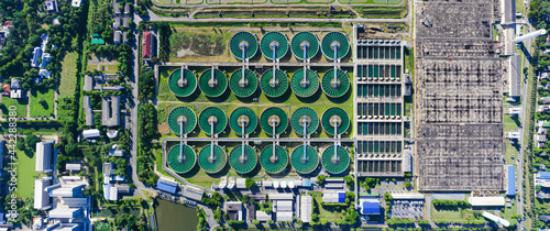 Aerial View of Drinking-Water Treatment. Microbiology of drinking water production and distribution, water treatment plant. Metropolitan waterworks authority. photo