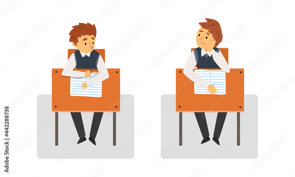 Boy Pupil or Student Sitting at Desk Having School Lesson Front View Vector Set Boy Pupil or Student Sitting at Desk Having School Lesson Front View Vector Set