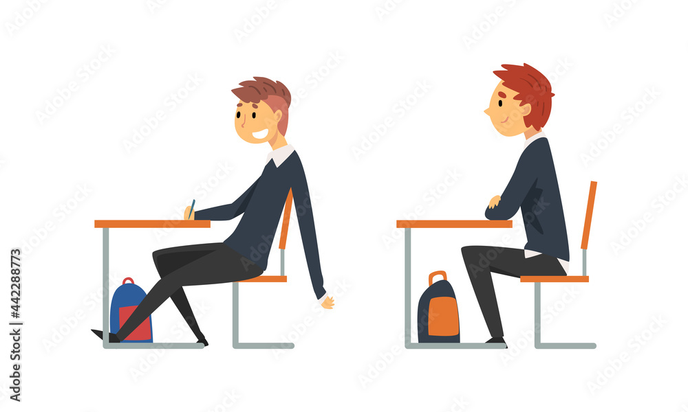 Boy Pupil or Student Sitting at Desk Having School Lesson Side View Vector Set Boy Pupil or Student Sitting at Desk Having School Lesson Side View Vector Set