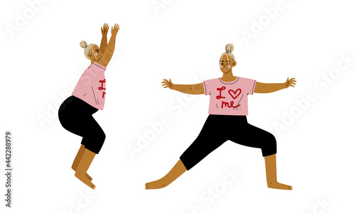 Plus Size Woman in Pink Sweatshirt Doing Yoga Standing in Asana Vector Set