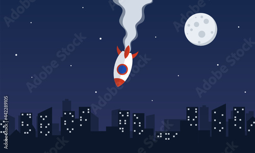 smoking rocket falling on the city skyline