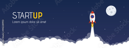 startup website header with launching rocket