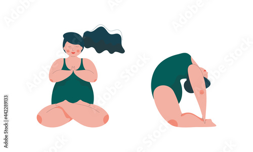 Plus Size Dark-haired Woman in Bodysuit Doing Yoga Standing in Asana Vector Set