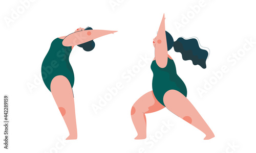 Plus Size Dark-haired Woman in Bodysuit Doing Yoga Standing in Asana Vector Set