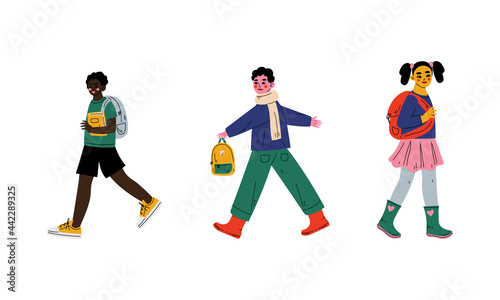 Boy and Girl with School Bag Walking to School Vector Set