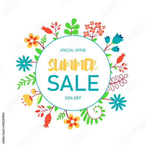 Summer sale vector poster design. Cute background picture with bright flowers.