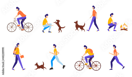Young man doing different outdoor activities  running  cycling  rollerblading  walking with dog  traveling. Active and healthy lifestyle concept. Vector illustration in flat style. 