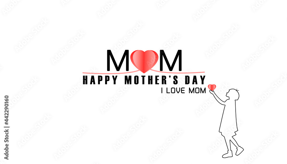 Mother's day greeting card. girl and flying pink paper hearts. Symbols of love on white background
