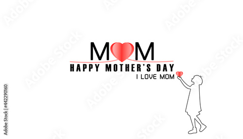 Mother's day greeting card. girl and flying pink paper hearts. Symbols of love on white background