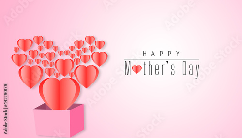 Mother's day greeting card.flying pink paper hearts. Symbols of love on pink background