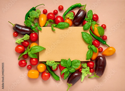 Frame of various vegetables on background, top view. Frame of organic food with space for text.