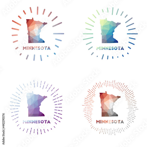 Minnesota low poly sunburst set. Logo of us state in geometric polygonal style. Vector illustration.