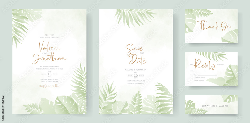 Summer wedding card design with tropical leaf ornament Summer wedding card design with tropical leaf ornament