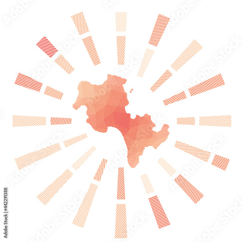 Koh Rong sunburst. Low poly striped rays and map of the island. Appealing vector illustration.