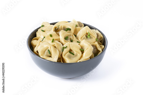 Pelmeni dumplings isolated on white background. Typical russian food