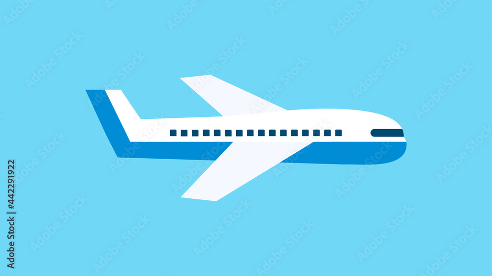 Airplane flying in the blue sky. Air transport or air travel concept. Flat style. Vector illustration