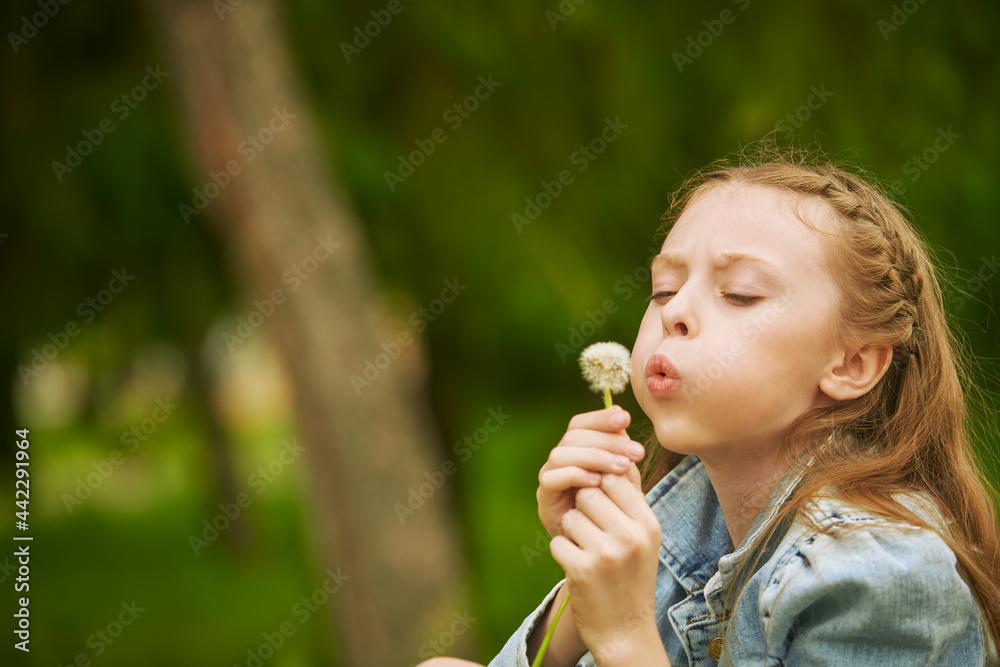 dreamy girl blows on dandelion