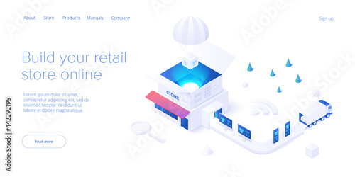 Online retail store transportation in isometric vector design. Shop delivery service and truck logistics concept. Market supply chain and shipment. Web banner layout template.