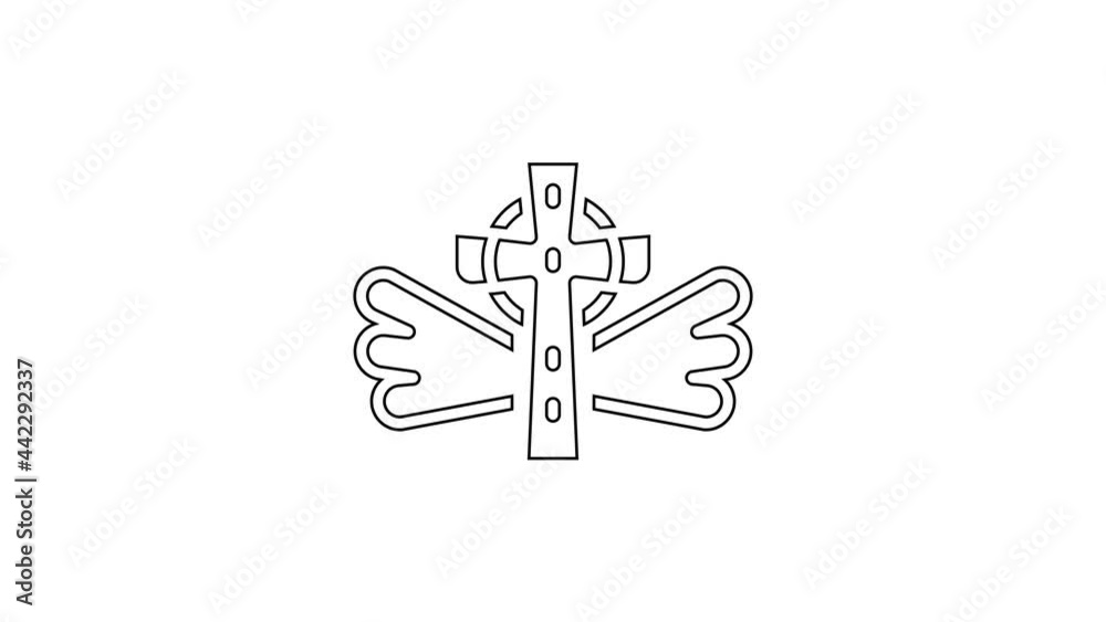 Black line Christian cross icon isolated on white background. Church cross. 4K Video motion graphic animation