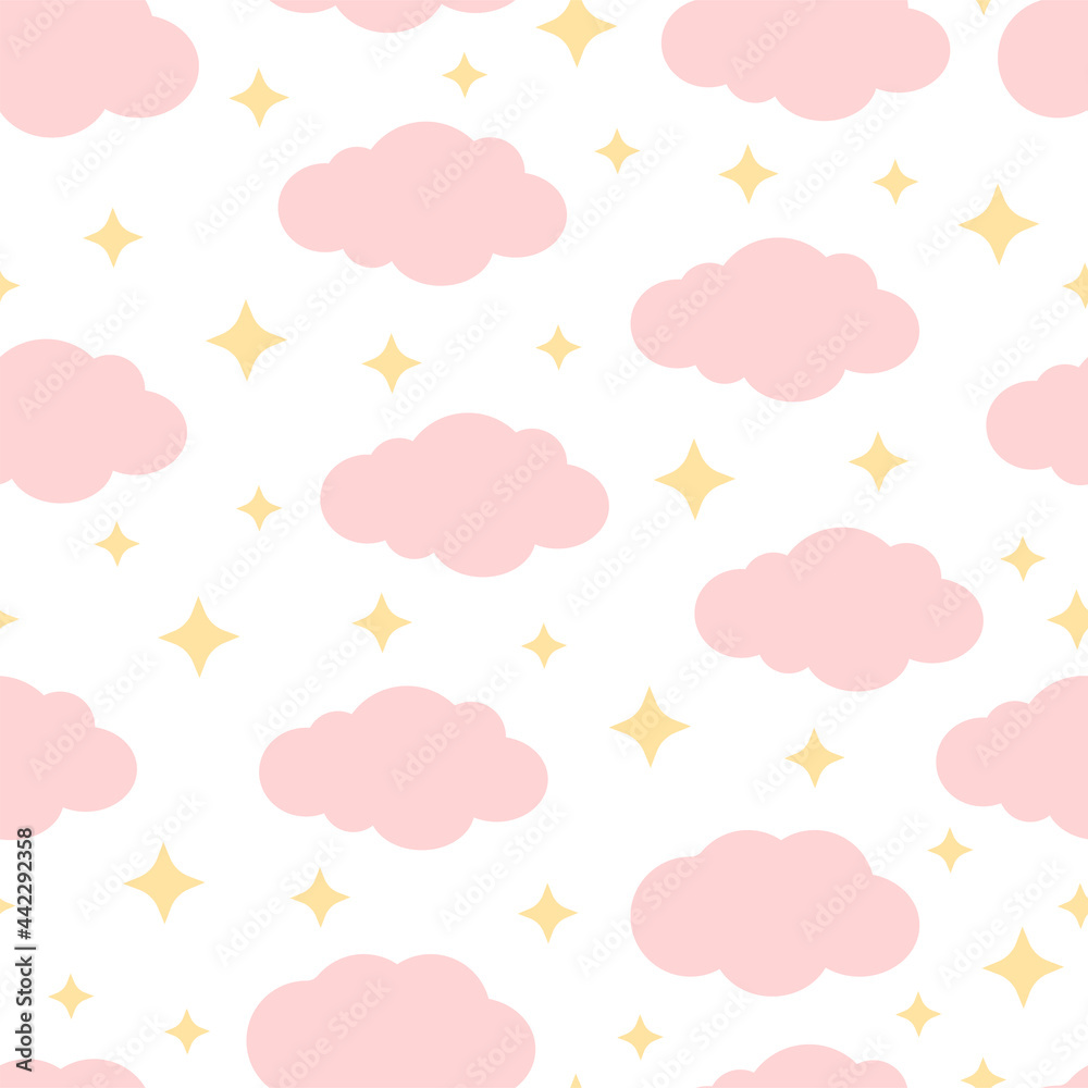 Cute seamless pattern with clouds and yellow stars on a white background. Vector illustration for fabrics, textures, wallpapers, posters, postcards. Childish fun print. Editable elements.
