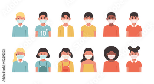 Children with protective face masks avatar set, vector flat illustration