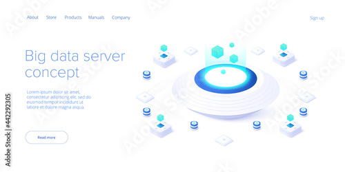 Big data technology in isometric vector illustration. Information storage and analysis system. Digital technology website landing page template. photo
