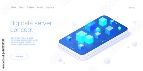 Big data technology in isometric vector illustration. Information storage and analysis system. Digital technology website landing page template.
