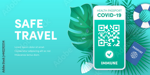 Health pass app for safe travel. Electronic Covid-19 immunity passport QR code on smartphone screen vector banner. Vaccination or negative coronavirus test green valid certificate on mobile phone