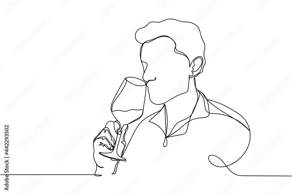 Continuous one line of successful male sommelier in silhouette on a white background. Linear stylized.Minimalist.