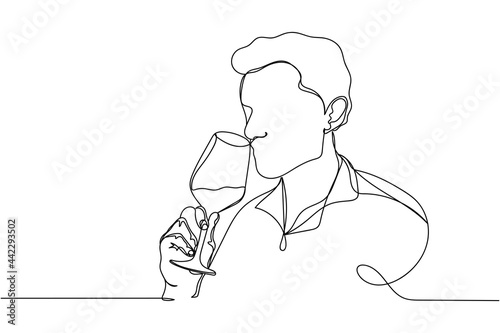 Continuous one line of successful male sommelier in silhouette on a white background. Linear stylized.Minimalist.