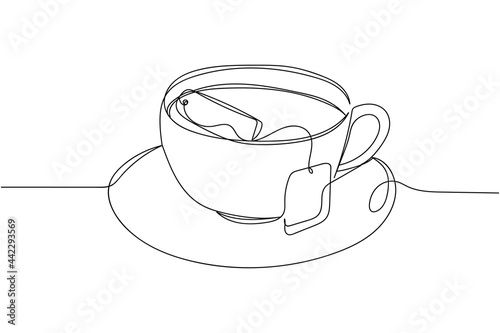 Continuous one line of cup of tea in silhouette on a white background. Linear stylized.Minimalist.