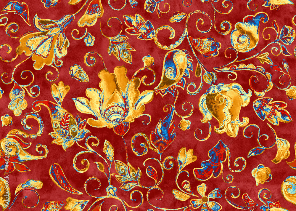 Fototapeta premium Paisley watercolor floral pattern tile: flowers, flores, tulips, leaves. Oriental indian traditional hand painted water color whimsical seamless print, ceramic design. Abstract india batik background