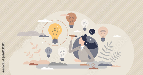 Picking ideas and best option selection as creative work tiny person concept. Choice after innovative brainstorming and solution finding in symbolic lightbulb group vector illustration. Final decision photo