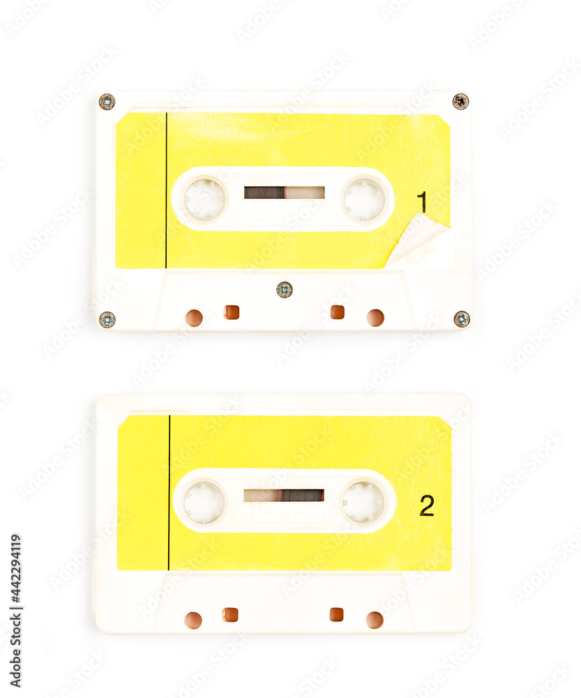 Obraz premium Old Vintage Audio cassette tape - both sides 1 and 2 isolated on a white background eiyj Clipping Path