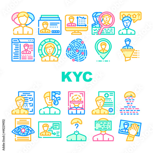 Kyc Know Your Customer Collection Icons Set Vector. Client Identification Card And Medical Information, Kyc Technology And Analysis Concept Linear Pictograms. Contour Color Illustrations