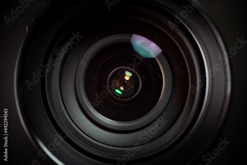 close-up photo of camera lens on black background