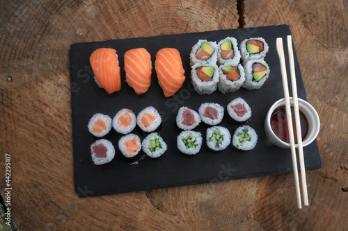 sushi variety prepared to eat as asian food