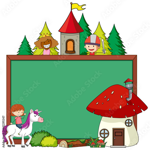 Empty chalkboard banner with fairy tale cartoon character and elements isolated